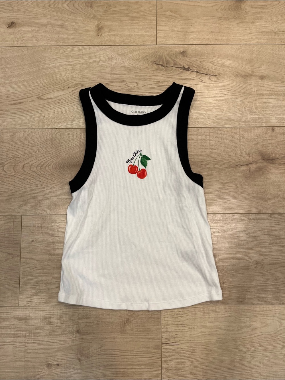 Old Navy White & Black Ringer Tank with Cherry Graphic